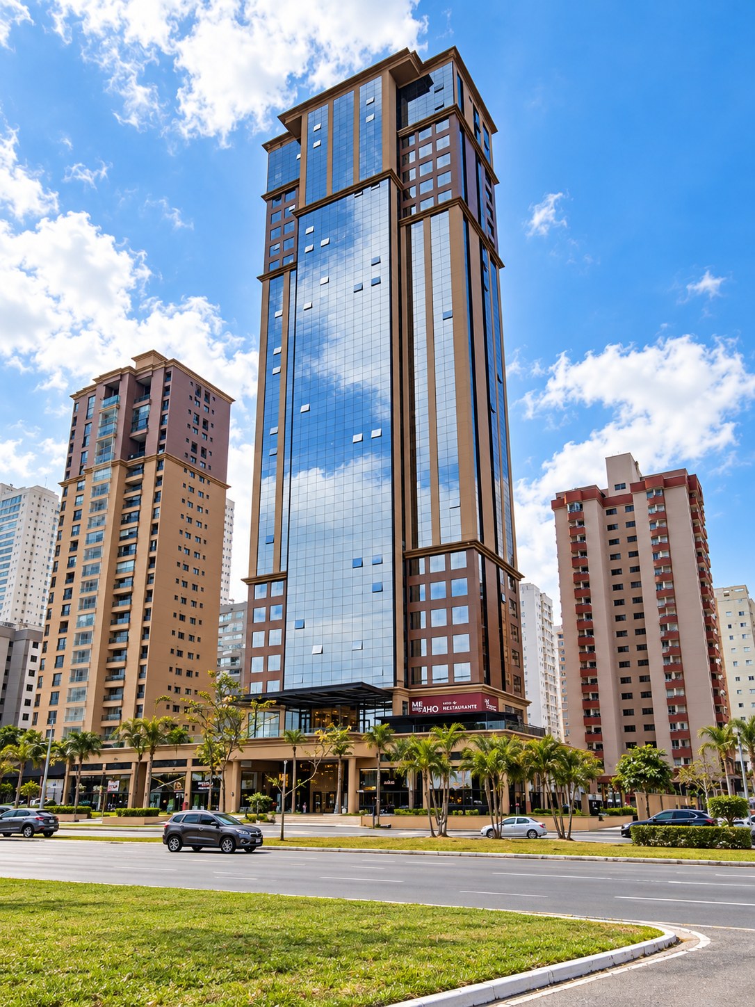 Fachada do edifício Miraho sob céu azul em São José dos Campos
